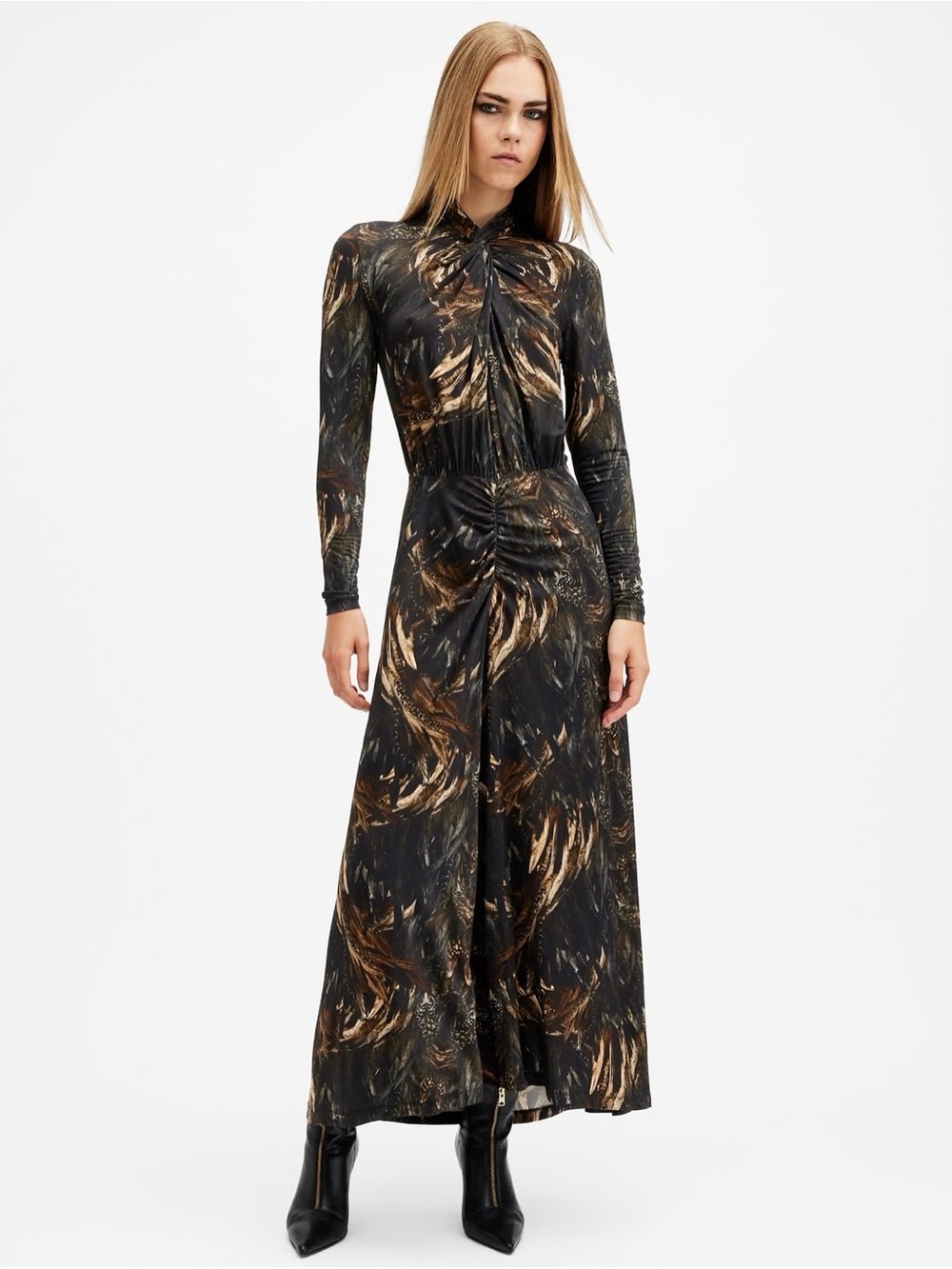 AllSaints Black and Bronze Feather-Print Maxi Dress - Picture 3 of 6